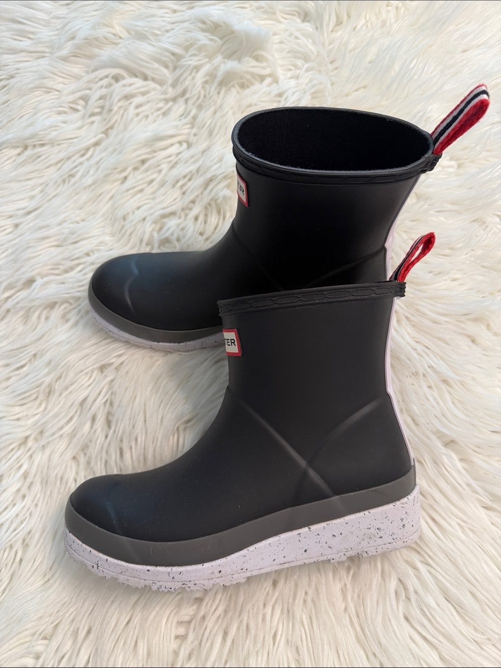 Hunter Black Rain Boots with White Speckled Sole and Red Pull Tabs BNWOT